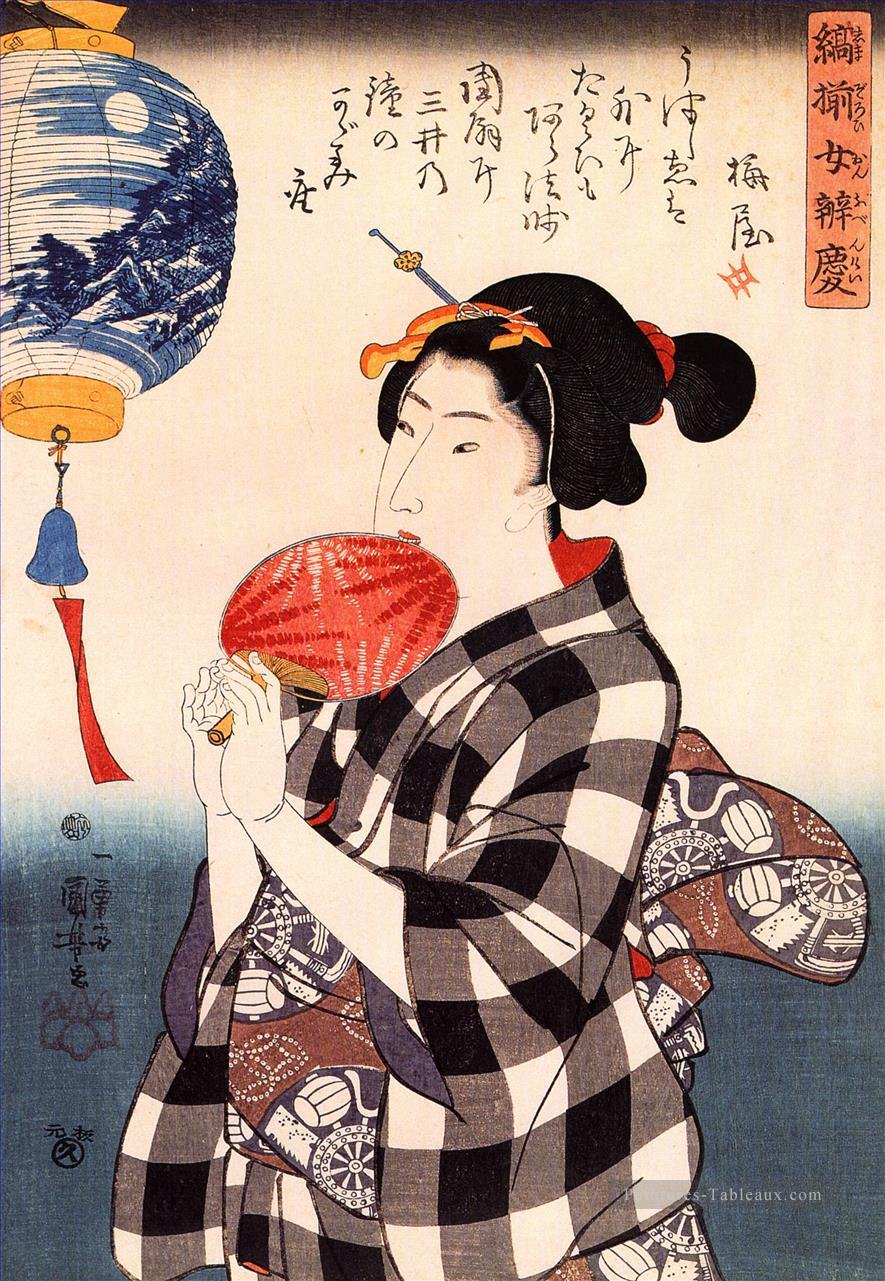 femme avec le ventilateur Utagawa Kuniyoshi ukiyo e Peintures à l'huile